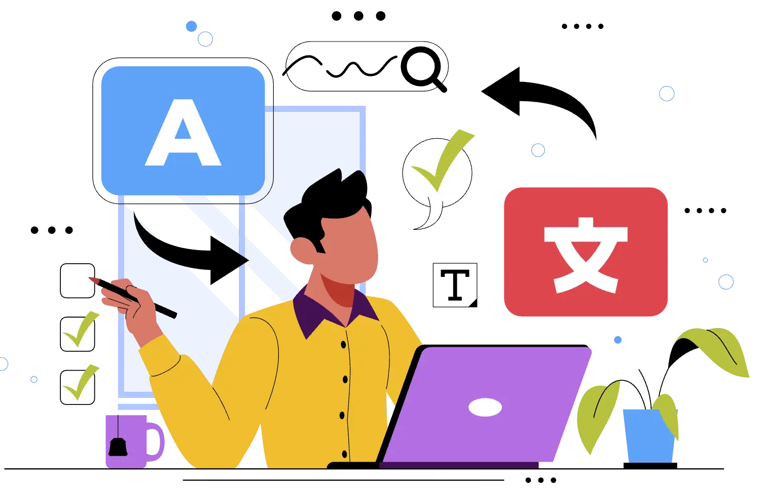 Professional translation services illustration showing document review and translation process